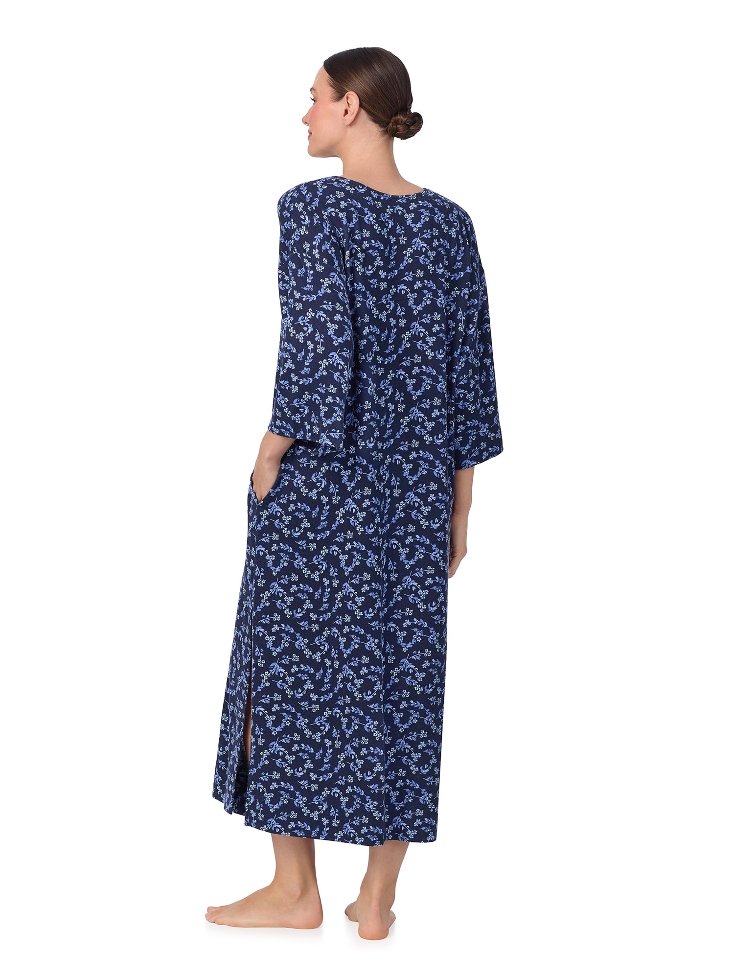 Aria Women's Sweater Knit 3/4 Sleeve V-Neck Lounger Nightgown with Pockets, Sizes XS to 5X