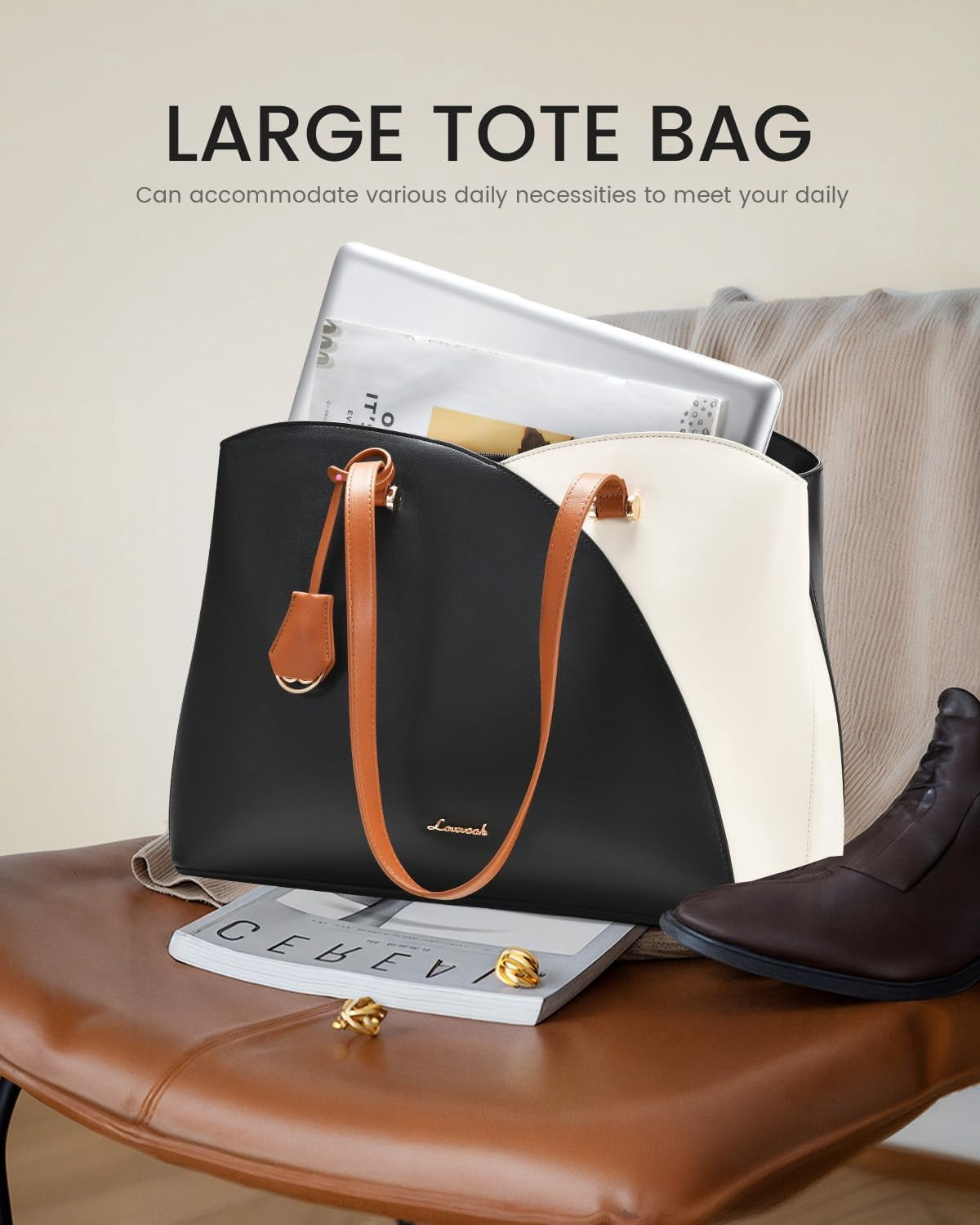LOVEVOOK Laptop Tote Bag for Women, Work Bags Laptop Bag Teacher Tote Bag, Leather Computer Bag Large Purses Handbag Professional Briefcase, Black, Fits 15.6 Inch Laptop, Black