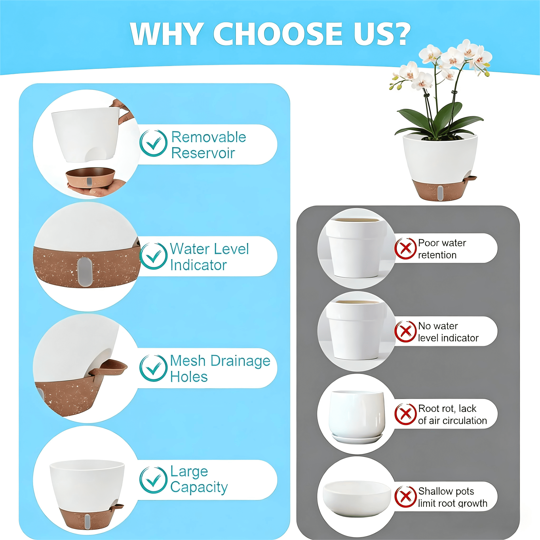 Lopxenu 12/10/9/8 Inch Self Watering Pots with Visual Water Window, Extra Large Self Watering Plant Pot with Drainage Holes and Saucers, Plastic Flower Pots for Indoor Plants (White)
