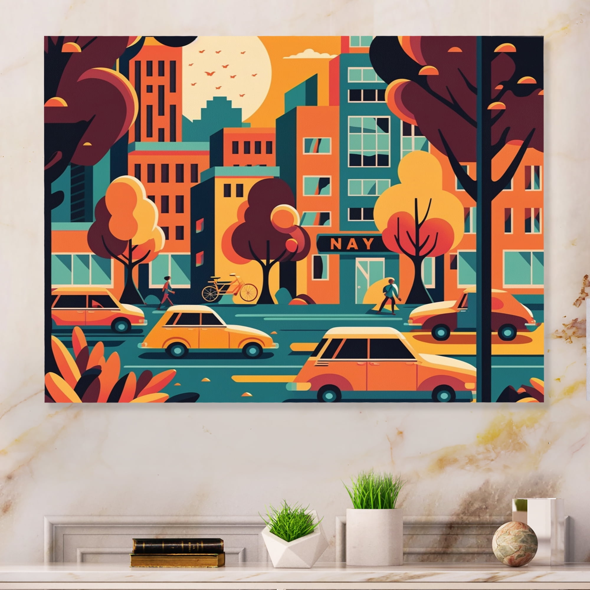 Designart Colorful Cityscape Cars II Canvas Wall Art