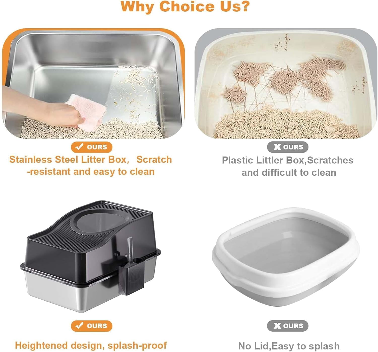 Stainless Steel Cat Litter Box - Enclosed Top Entry, High Sided Splash-Proof Design, Easy Clean Detachable Tray, Odor Control, Litter Mat & Scoop Included, Black Bottom Basin 20 High,60 x 40 x 39.5cm