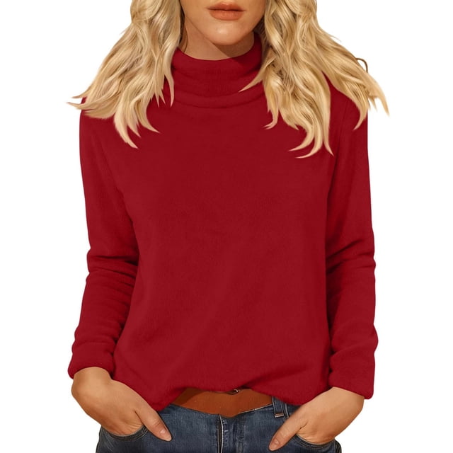Comdrip Hauts pour Femmes Manches Longues Chemises pour Femmes Coupe Ample Col Roulé Haut Décontracté Automne Hauts Légers Chauds Chandails Hauts Col Roulé pour Femmes Rouge G