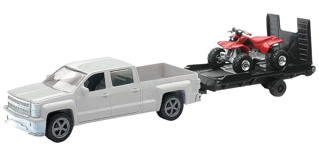 NewRay 143 Scale Toy White Chevy Silverado Truck w/Trailer & Honda ATV