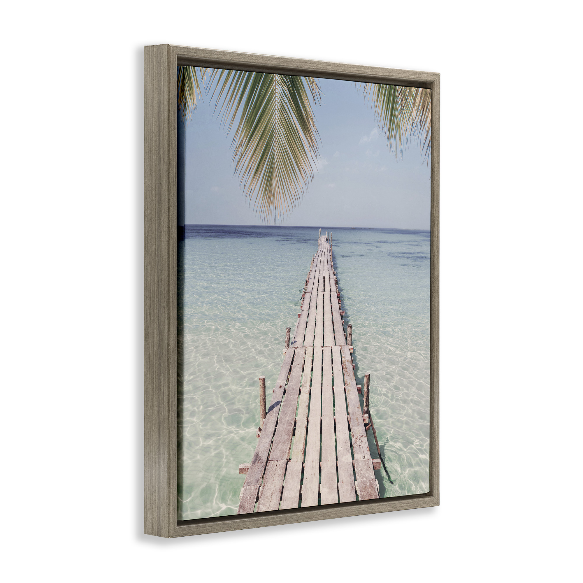 Stupell Industries Tropical Dock on Beach Landscape Photography Brown Floater Framed Canvas Art Print Wall Art, 25 x 31