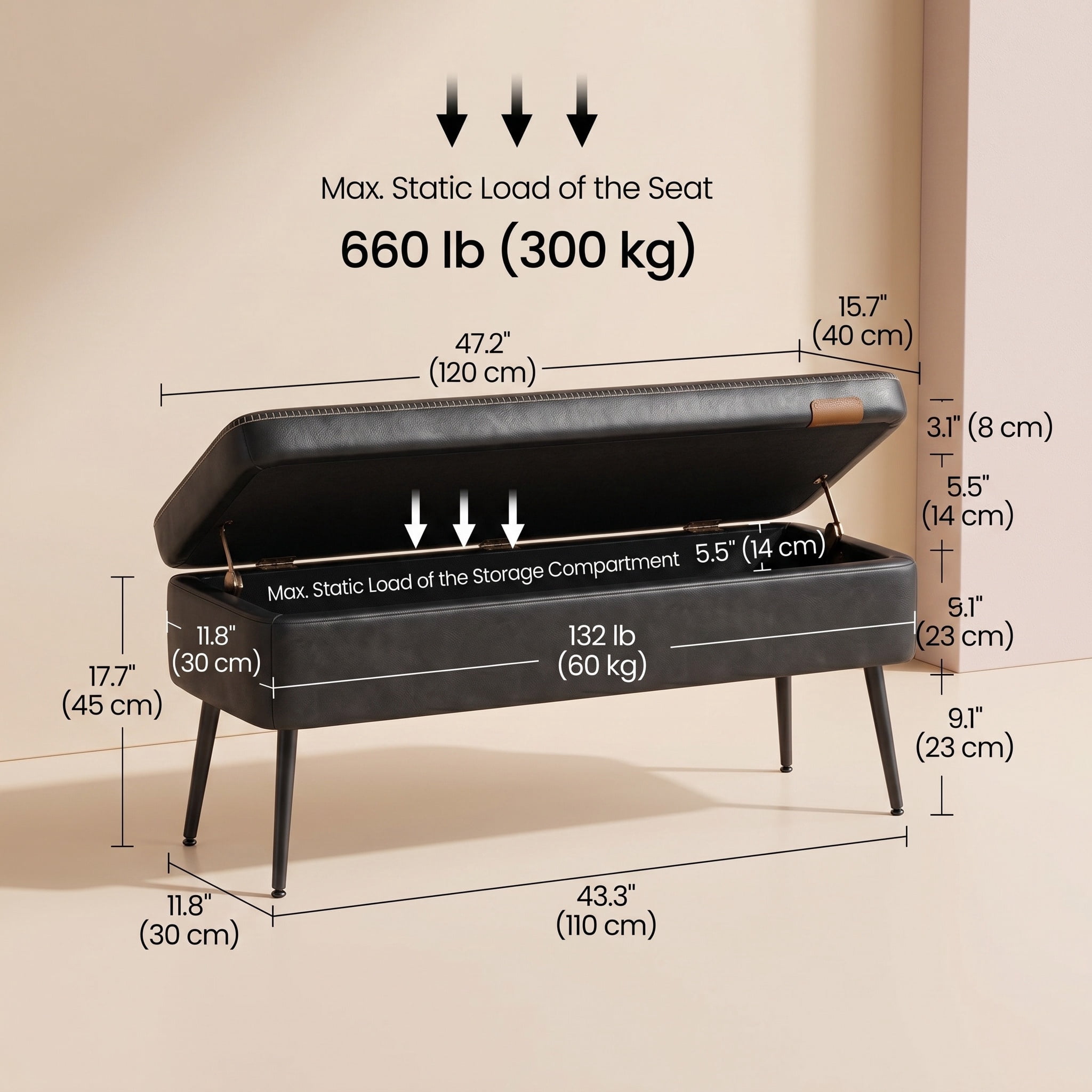 Nordic Hygge Storage Ottoman Bench, Ink Black