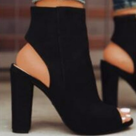 Juebong Christmas Deals Women s Shoes Fashion High Heels Casual Suede Solid Color Pointed Toe Women Side Zipper Open Toe Ankle Boots 8.5  Black