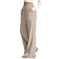 thumbnail image 6 of Women's Cotton Linen Loose Straight Elastic Waist Pants with Pockets, Mid Waisted Ruffle Hem Casual Long Trousers, Lounge Business Casual Outdoor Wear | VerBelle,Khaki M, 6 of 9