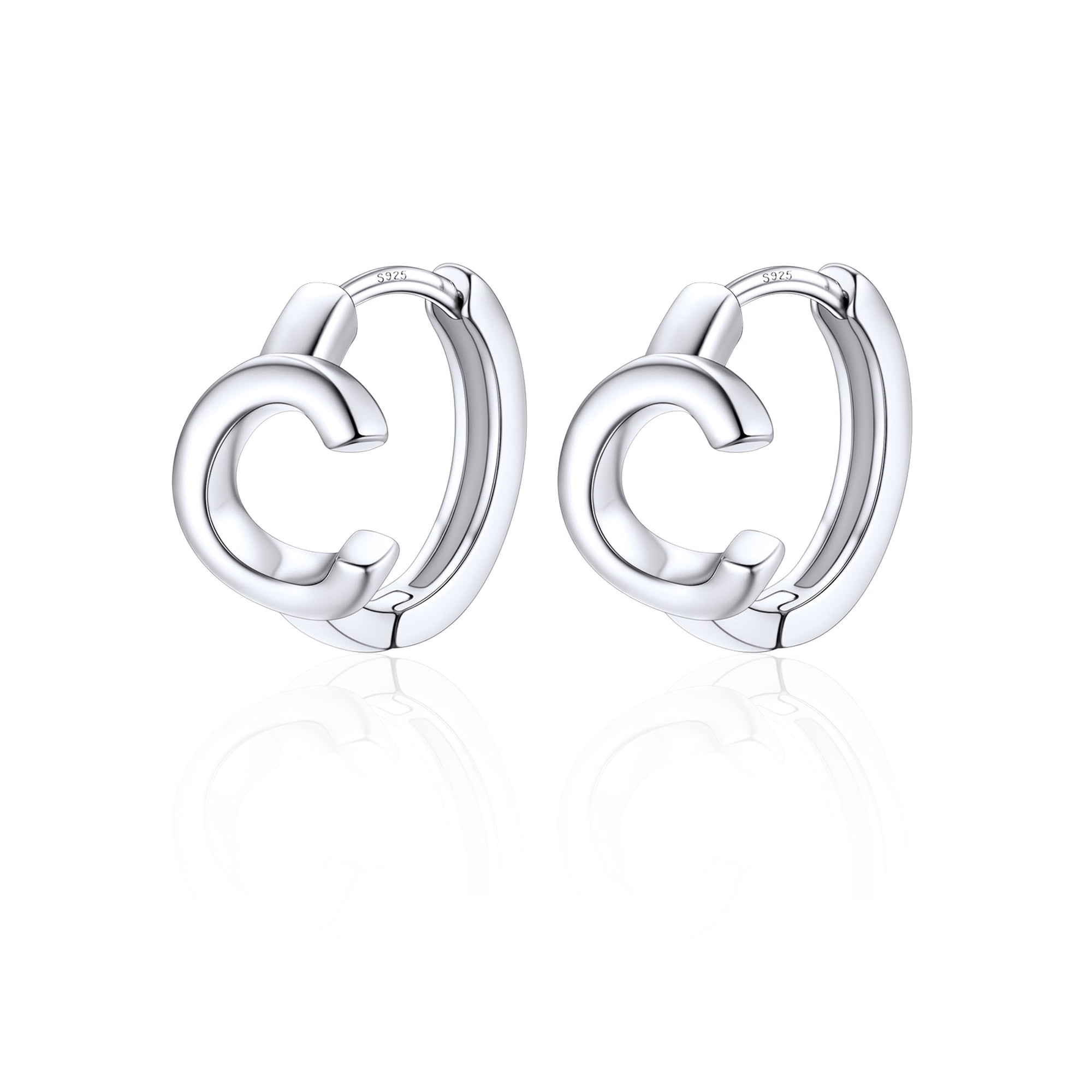 Silvora Silver Initial Huggie Hoop Earrings for Women Platinum Plated Letter C Earrings with 925 Sterling Silver Post, Personalized Hypoallergenic Alphabet Jewelry Gifts for Girlfriend Valentines