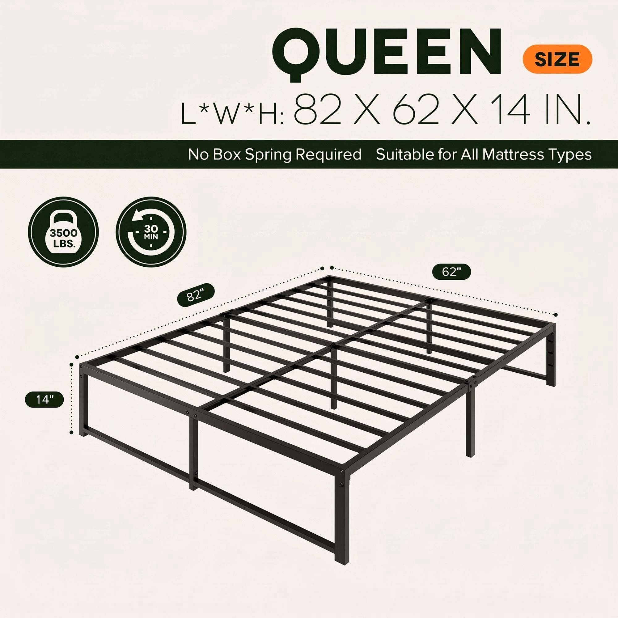 Einfach Queen Bed Frame, Upgraded 14" Metal Bed with Ample Under-Bed Storage Space, Reinforced Frame Structure, 3500 LBS Capacity, Black