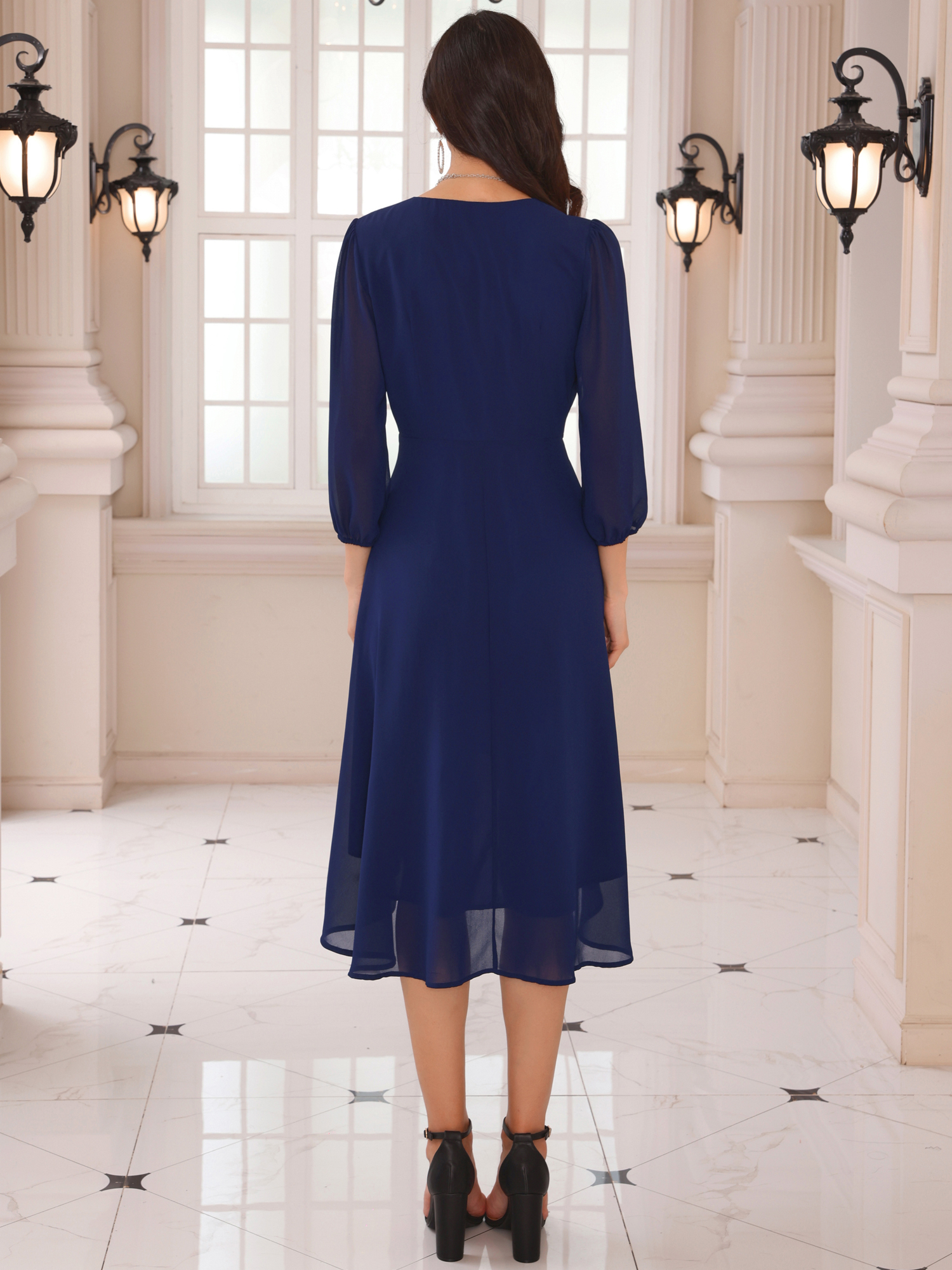 DARING DIVA Chiffon V-Neck Midi Cocktail Dress XL Navy Blue