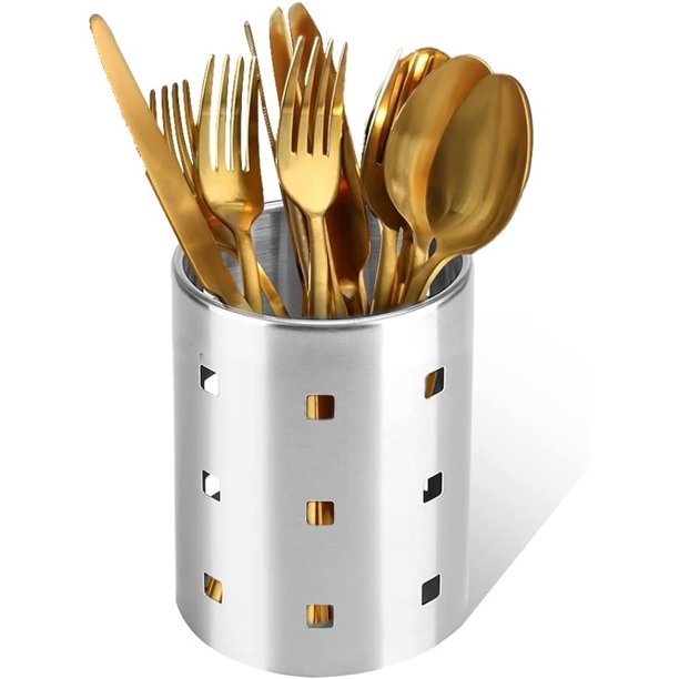 Estante para cubiertos de acero inoxidable, soporte para utensilios de cocina, organizador de cestas para cubiertos, estante de almacenamiento redondo para cucharas, cuchillos, tenedores, regalo de Na JFHHH pequeña