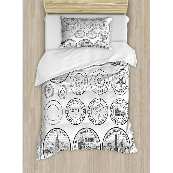 Travel Twin Size Duvet Cover Set, Stamps from All Over the World Historical Landmarks Tourist Attraction European, Decorative 2 Piece Bedding Set with 1 Pillow Sham, Black White, by Ambesonne