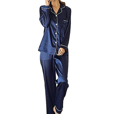 

Fashion Women Silk Satin Pajama Set Long Sleeve Button Sleepwear Nightwear