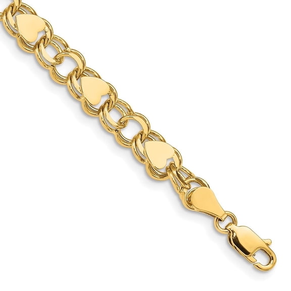 Auriga Fine Jewelry 10K Yellow Gold Double Link with Hearts Charm Bracelet 7" for Women