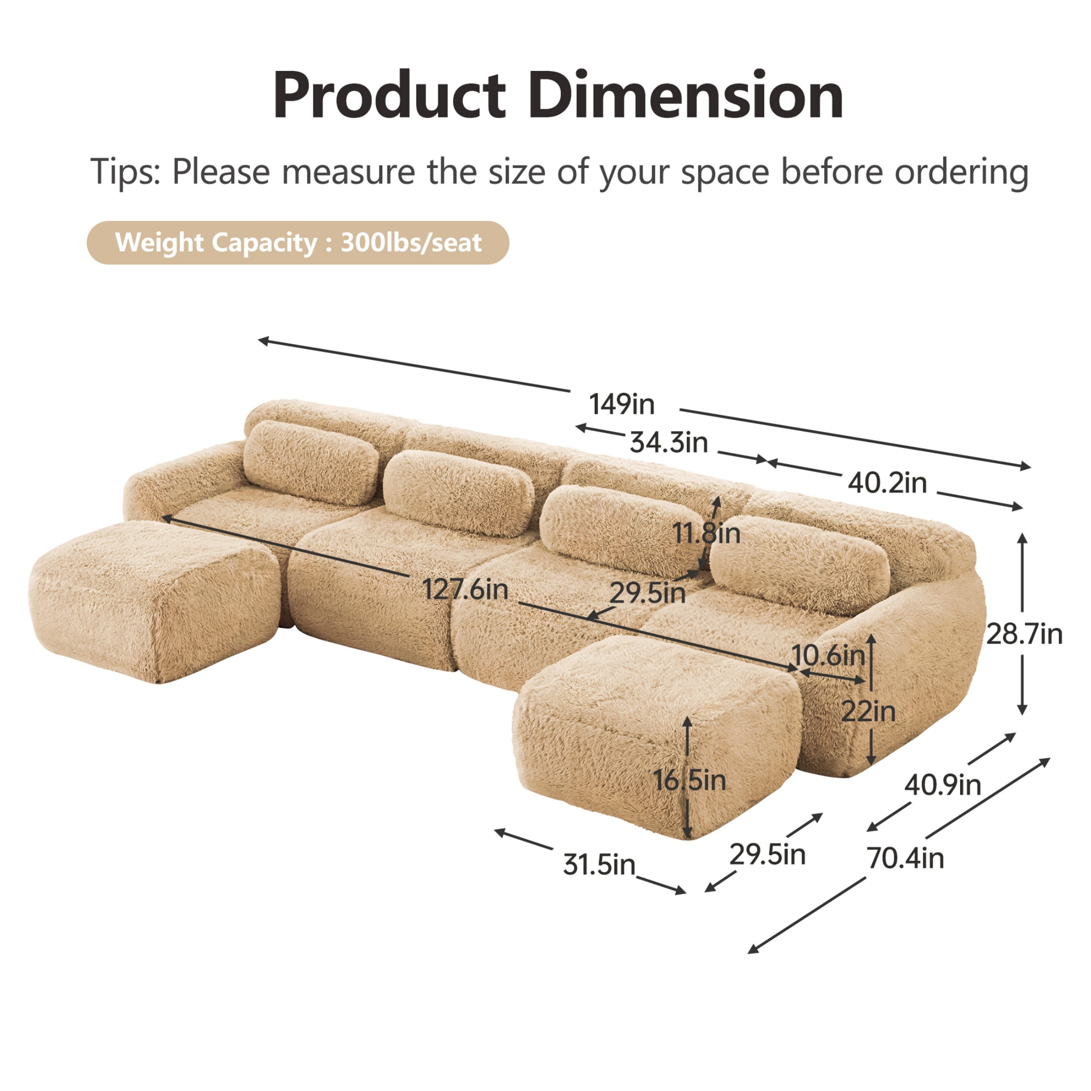 Vinform 149" Sectional Couch, U-Shaped Sofa with 2 Ottomans for Living Room, 4-Seat, Plush, Warm Beige(No Assembly Required)