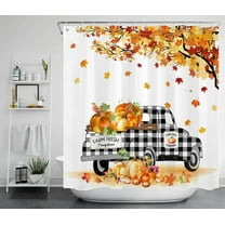 Fall Shower Curtain Pumpkin Maple Tree Leaves Black Plaid Truck Shower Curtain for Bathroom, Farmhouse Autumn Harvest Shower Curtain with Hooks Holiday Bathtub Decorations, 72W X 72L inches