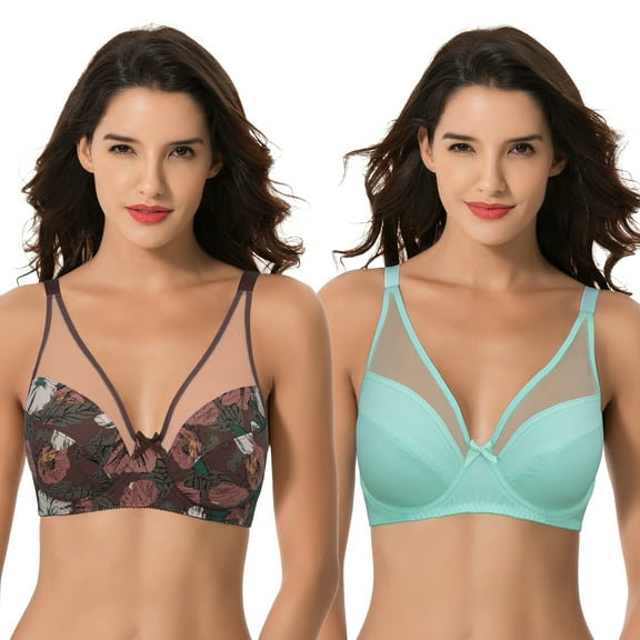 Curve Muse Plus Size Minimizer Underwire Bra with Floral and leopard Print-2pack-MINT,BROWN (Size:34B)