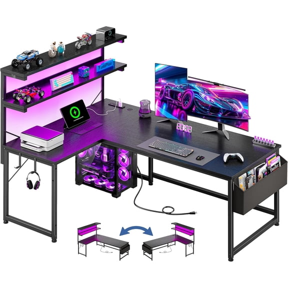 Themis 53 Inch L Shaped Desk Gaming Desk with LED Light & 5 Power Outlet, Reversible Computer Desk with Shelf & Storage Bag Gamer Corner Desk with Headphone Hook for Home Office Desk, Black