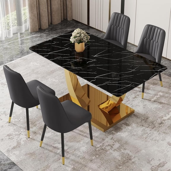 TesNus 63" Black Faux Marble Dining Table Set for 4, Rectangular Tempered Glass Table with Gold U-Shaped Base and Black PU Leather Chairs for Dining Room Kitchen