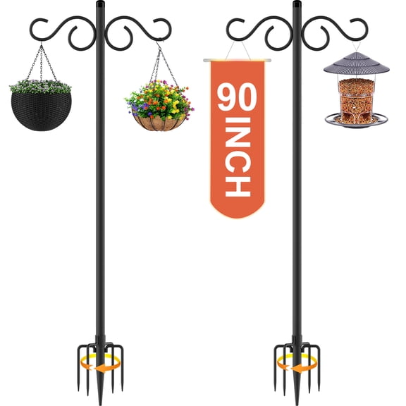 90inch Double Shepherds Hooks for Outdoor, Heavy Duty Bird Feeder Pole with 5 Base Prongs, Adjustable Garden Hanging Holder for Bird Feeders, Lanterns, Plant Hanger Stands, Weddings Decor