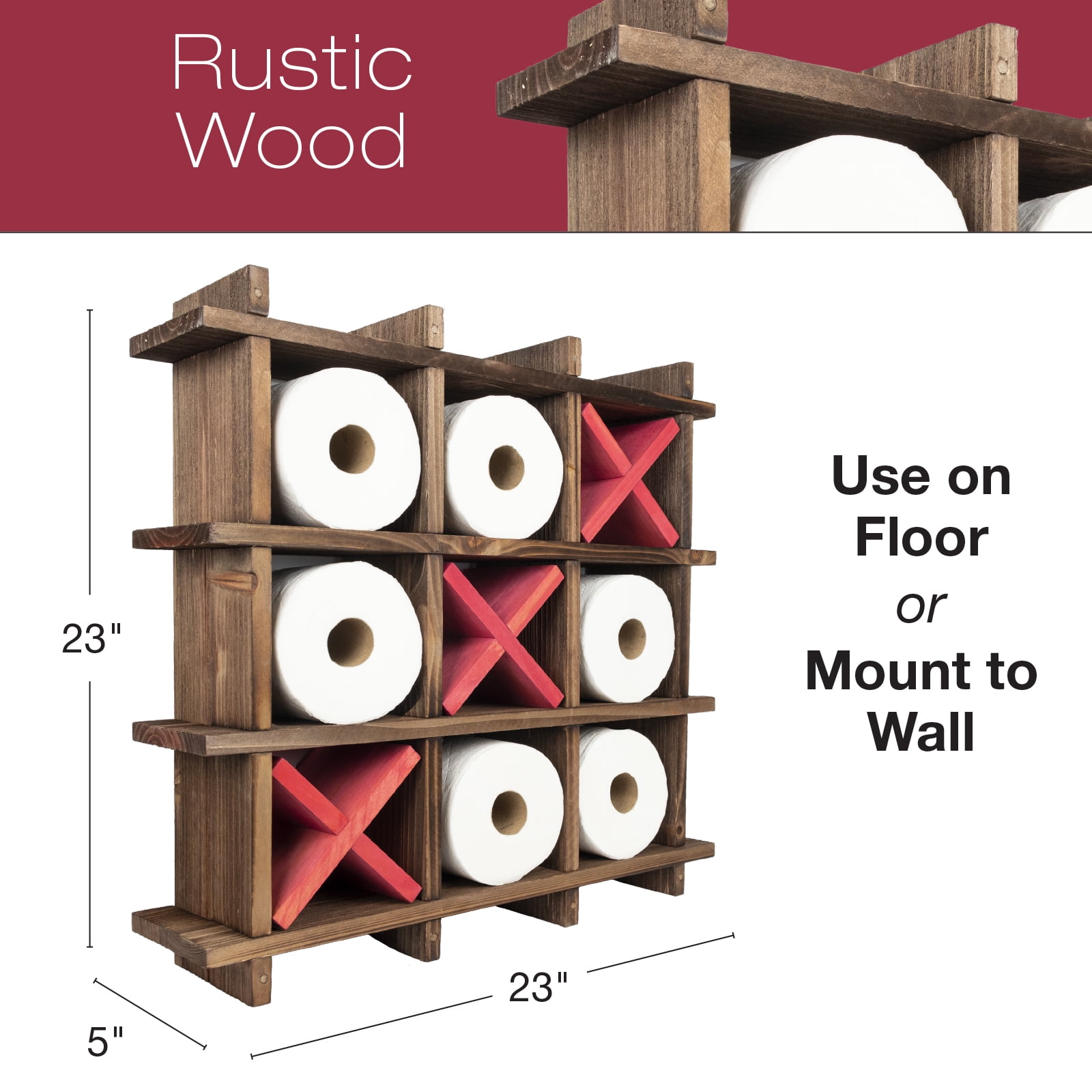 Excello Global Products Rustic Wooden Toilet Paper Holder: Tic Tac Toe Design for Wall Mounted or Freestanding Bathroom Tissue Roll Storage Organizer - EGP-HD-0162-OS