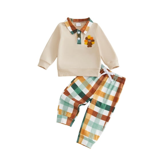 Lairauiy Toddler Baby Boy Thanksgiving Outfits Turkey Embroidered Half Button Lapel Sweatshirt and Plaid Pants 2 Piece Fall Set