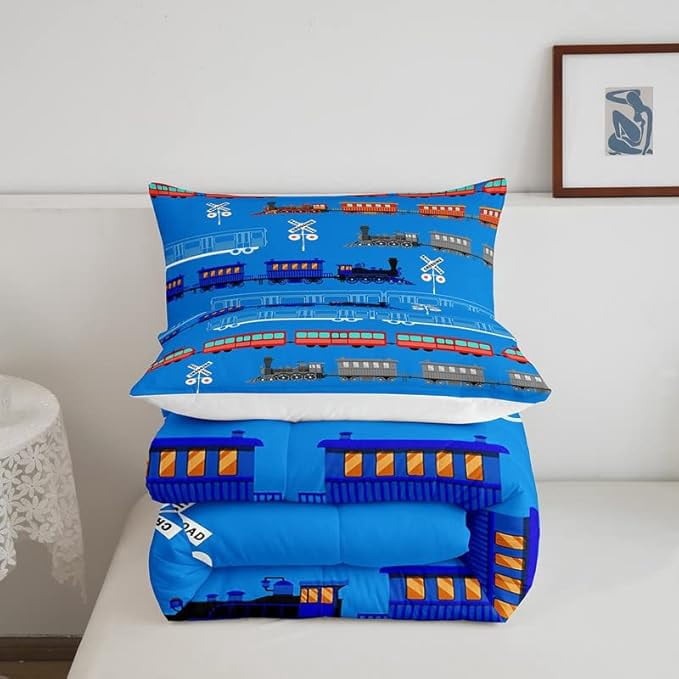 Cartoon Car Comforter Set Vintage Car Comforter Train Bedding Set Bedroom Decor Retro Steam Train Blue Light Sign Duvet Set Quilt