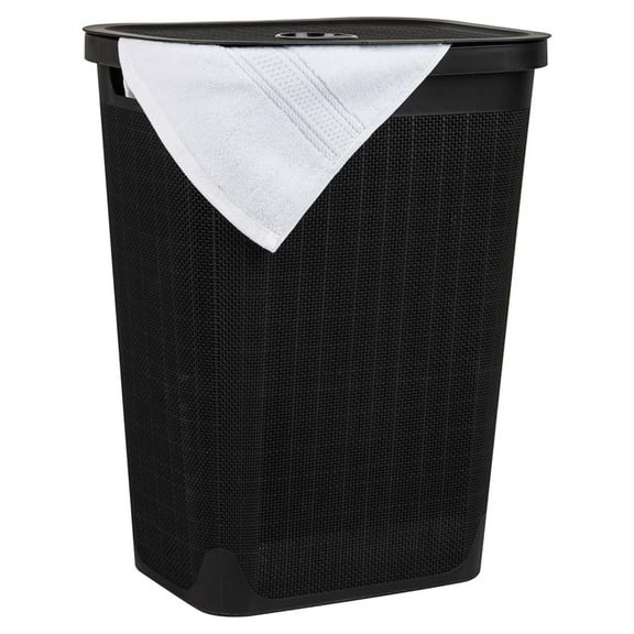 60L Slim Laundry Hamper, Clothes Basket, Lid, Linen Design, Plastic, Black