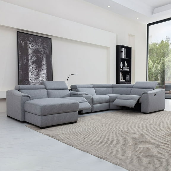 MofitHome,Living Room,Lynn 6PCS Modern Motion Reclining Sectional with Left Hand Facing Chaise,Console with LED Reading Light,Power Outlet with USB Panel,Light Grey