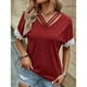 thumbnail image 2 of Blusa de verano para mujer, color rojo vino, con escote en V y ribete de encaje, mangas cortas holgadas, diseño entrecruzado, talla M, 2 of 6