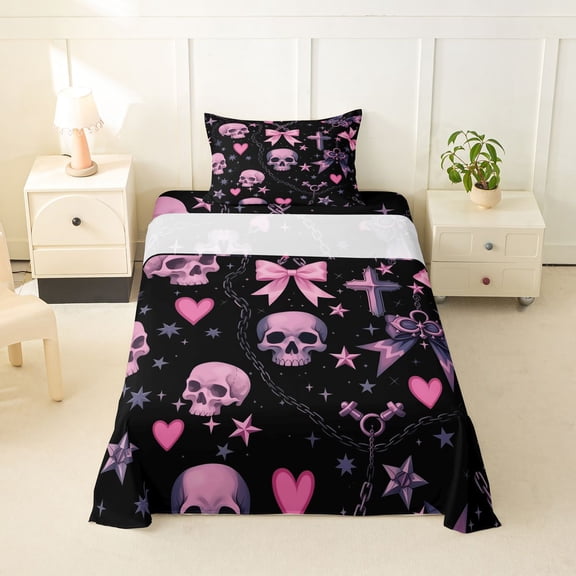 Manfei Gothic Coquette Halloween Twin Sheets for Teens, Black Pink Skull Bow Bedding, 3pcs, 1 Flat Sheet, 1 Fitted Sheet and 1 Pillowcase