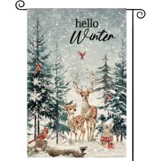 Hello Winter Deer Welcome Garden Flag 12x18 Inch Double Sided, Christmas Cardinal Xmas Tree Burlap Small Yard Flag Winter Snowflake Farmhouse Flags Seasonal Outdoor Outside Decoration
