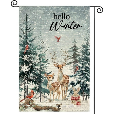 Hello Winter Deer Welcome Garden Flag 12x18 Inch Double Sided, Christmas Cardinal Xmas Tree Burlap Small Yard Flag Winter Snowflake Farmhouse Flags Seasonal Outdoor Outside Decoration