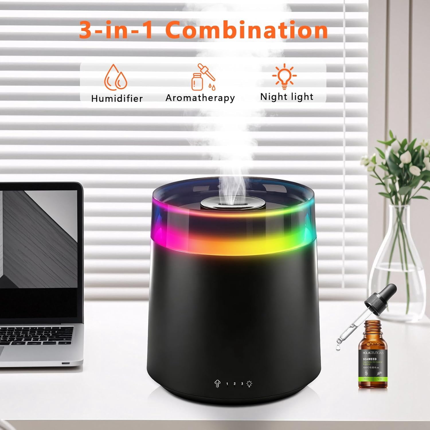 Humidifiers for Bedroom Home,3L Top Fill Cool Mist Humidifier for Baby Nursery,Essential Oil Diffuser for Large Room,3 in 1 uiet Ultrasonic Humidifier for,Office,Plant,Nursery,BPA (Black)