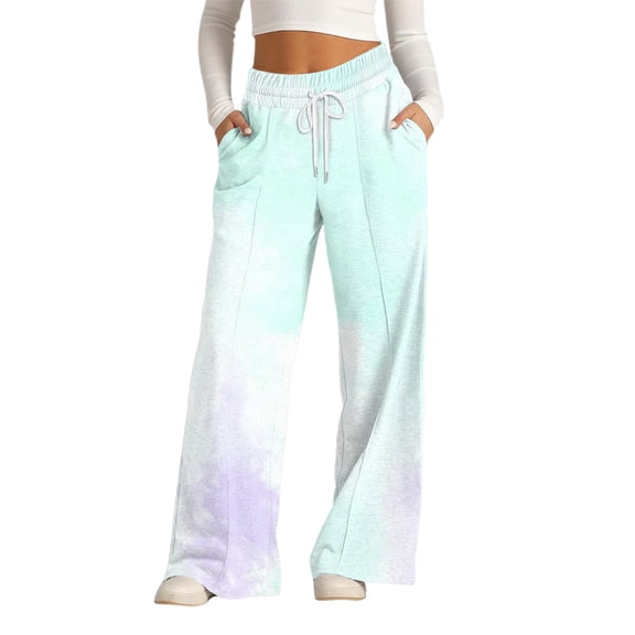 QASIEATN Women's Tie Dye Casual Wide Leg Pants Loungewear Pocket Pants High Waisted Drawstring Sweatpants
