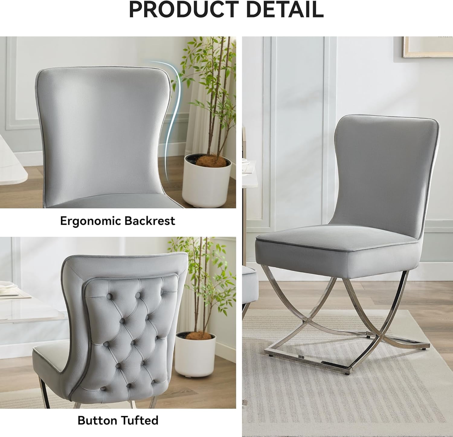 2PCS Luxury Velvet Dining Chairs, Tufted Upholstered Armless Accent Chairs with Silver Metal X-Legs, Modern Glam Dining Chair Kitchen Chairs,Light gray