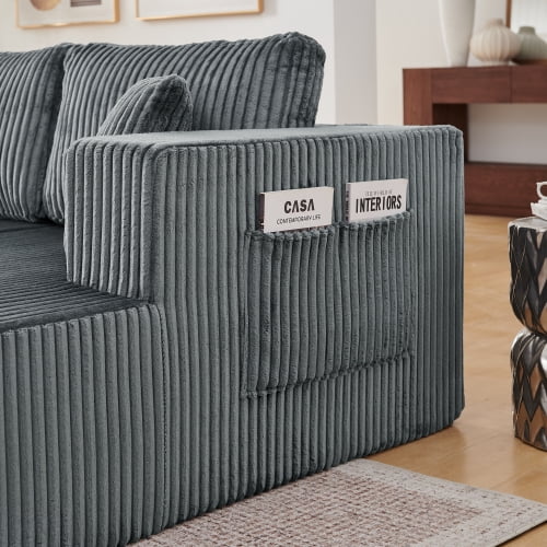 132" U-Shaped Modular Sectional Sofa, Compressed Cloud Couch with Side Pockets, Corduroy Memory Foam Sleeper Sofa, No Assembly Required, Gray