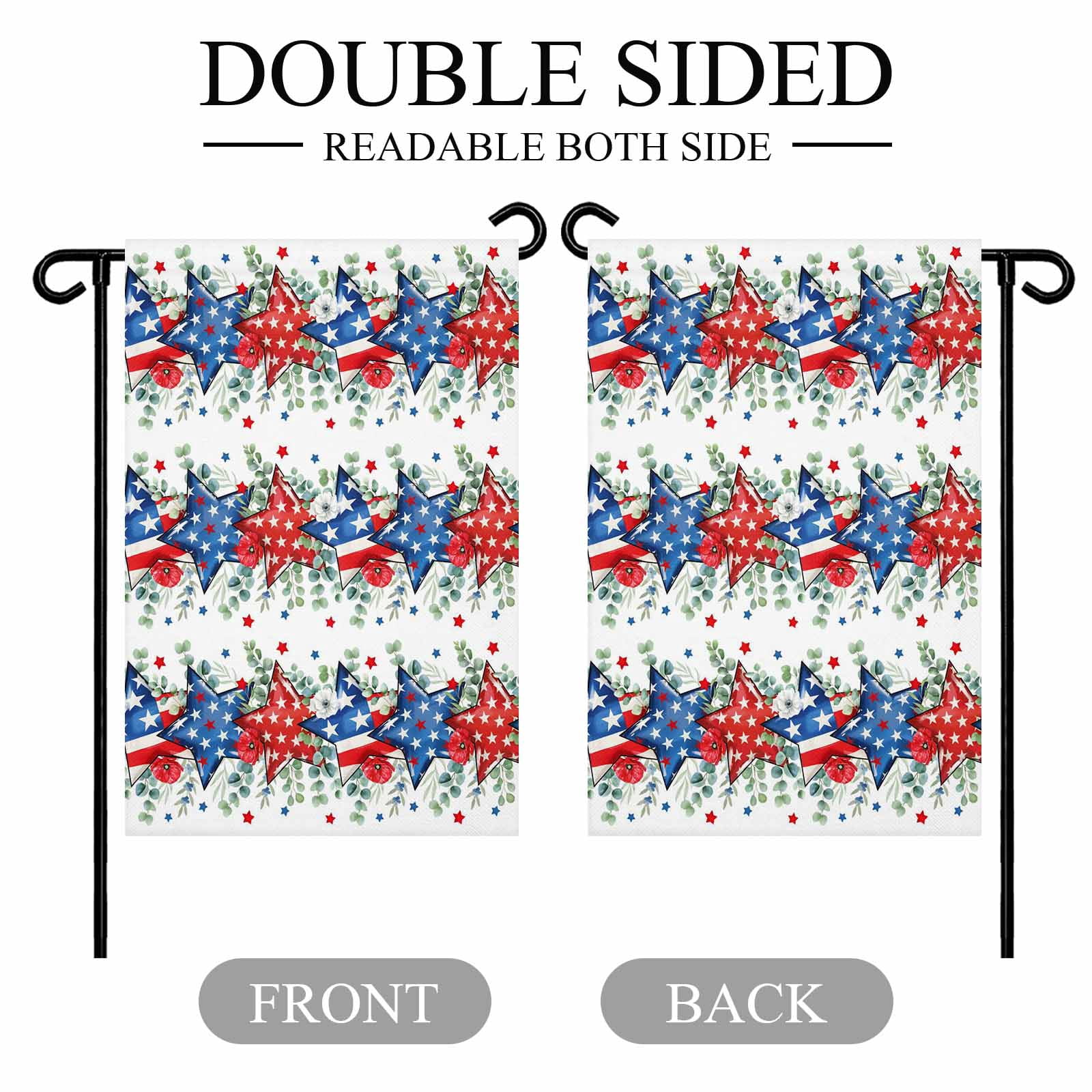 4th of July Garden Flags Patriotic Star Poppy Garden Flag Double Sided Welcome Flag Eucalyptus Leaves USA Flag Independence Day Yard Flags for Outdoor Lawn Porch Memorial Day Decor 28x40 Inch