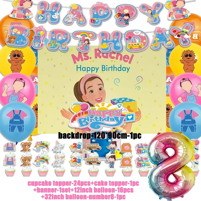 Cartoon English Teacher Theme Child Birthday Party Decor Ms&Racheled Balloon Banner Backdrops Cupcake Toppers for Kids Gifts R-8 Other