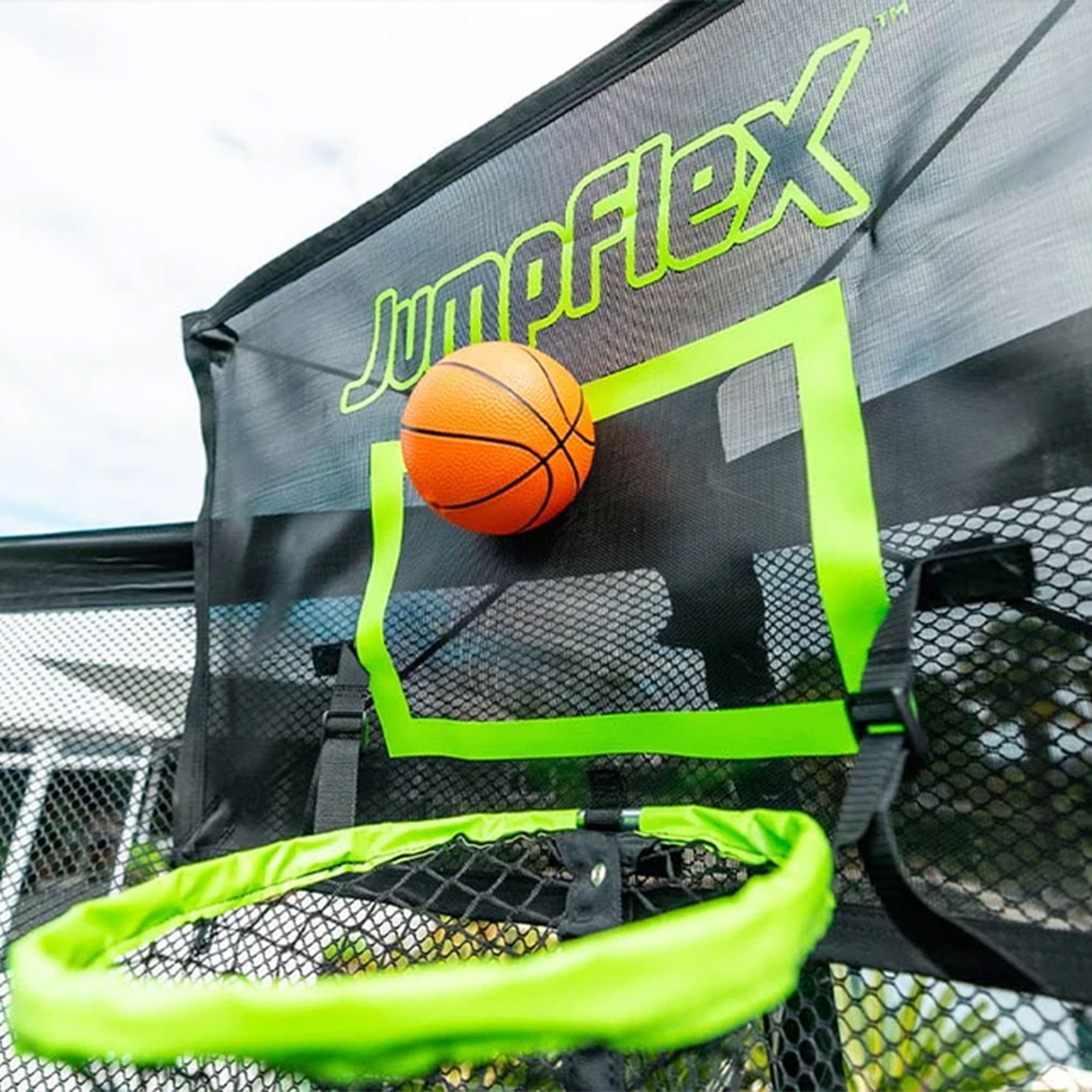 JumpFlex HERO 15' Trampoline with PROJAM Basketball Hoop and Net Attachment