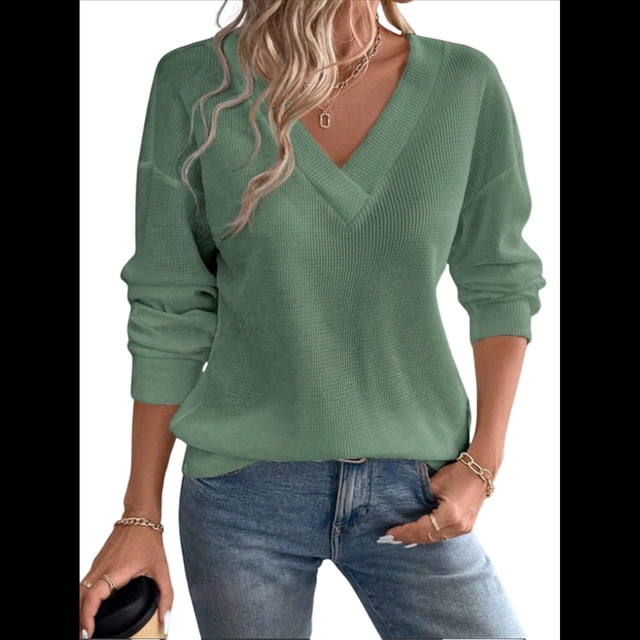 Blusas de Punto Gofre para Mujer, Blusas Casuales de Larga con Farol, Cuello en V, Camisetas Oversize. Verde XL