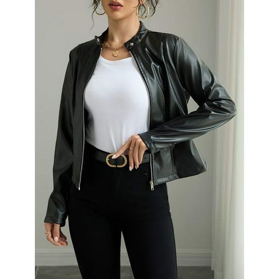 ZOELNIC Women's Faux Leather Jacket Stand Collar Zip-Up Short Coat for Business Casual Outwear, S