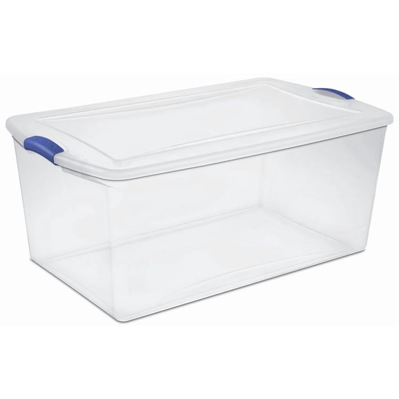 Sterilite Boîte à loquets de 99 litres,  boîte de rangement en plastique transparent avec couvercle et loquet bleu
