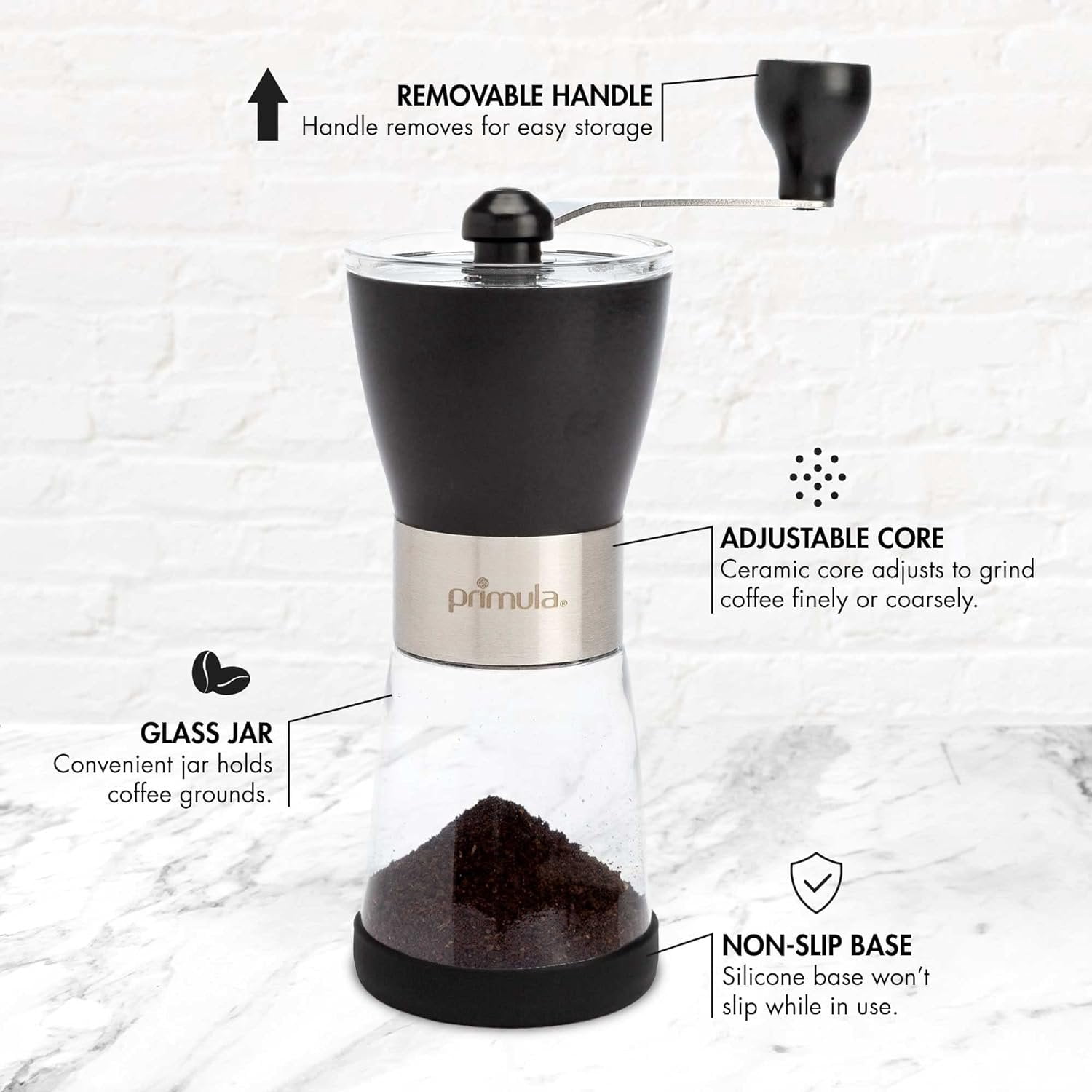 Primula Manual Adjustable Burr Coffee Grinder-Ceramic Mill & Brushed Stainless Steel Body-Whole Bean for French Press, Cold Brew, Espresso, Camping