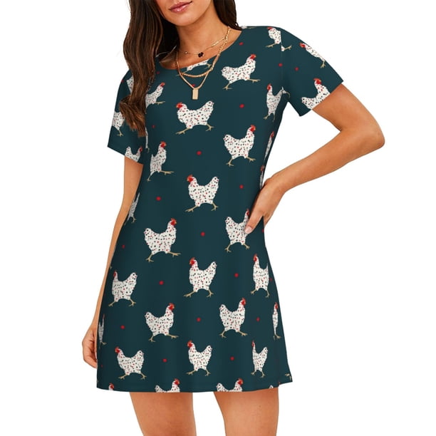 Disketp Funny Chicken para Camisón Corto de Manga Corta para Mujeres, Camisón Cómodo con Escote Redondo, Bonito y Confortable