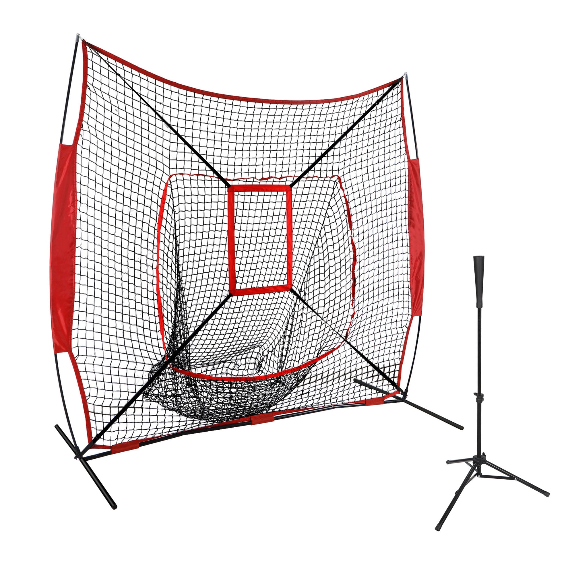 Pro-Style Batting Tee 7'×7' Baseball Softball Practice Net w/Bag & Bow Frame 
