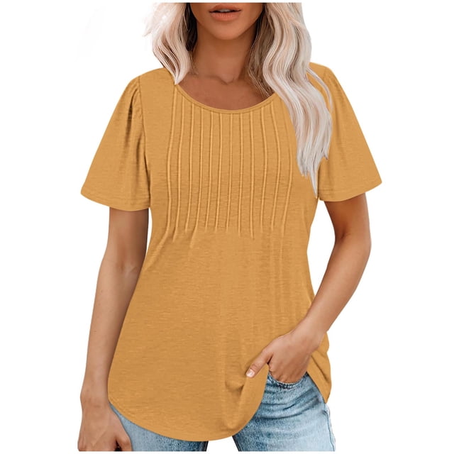 AherBiu Blouses pour Femmes Élégantes Décontractées à Manches Courtes Chemises d'Été Froncées Col Rond Tuniques Amples