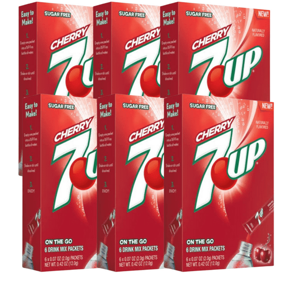 7UP Cherry Singles To Go Drink Mix, Zero Sugar Low Calorie, and Non-Carbonated Flavored Powdered Beverages Easy and Convenient to Prepare Just Add Water, 6 Boxes, 6 Sticks per Box, 36 Total Servings