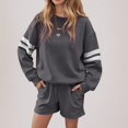thumbnail image 2 of Short Sets Women 2 Piece Outfits Women's Striped Drop Shoulder Sweatshirt And Shorts Casual Two Piece Set For Fall Winter Comfort, 2 of 4