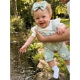 thumbnail image 4 of BemeyourBBs Infant Baby Girl Summer Clothes Floral Patchwork Romper Ruffle Short Sleeve Daisy Print Fake Two-piece Front Bow Jumpsuit with Headband, 4 of 9